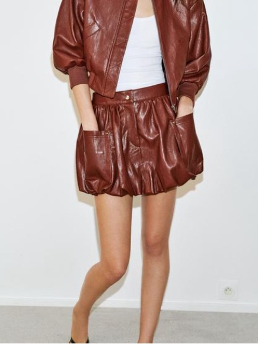 Zara red faux leather bubble skirt